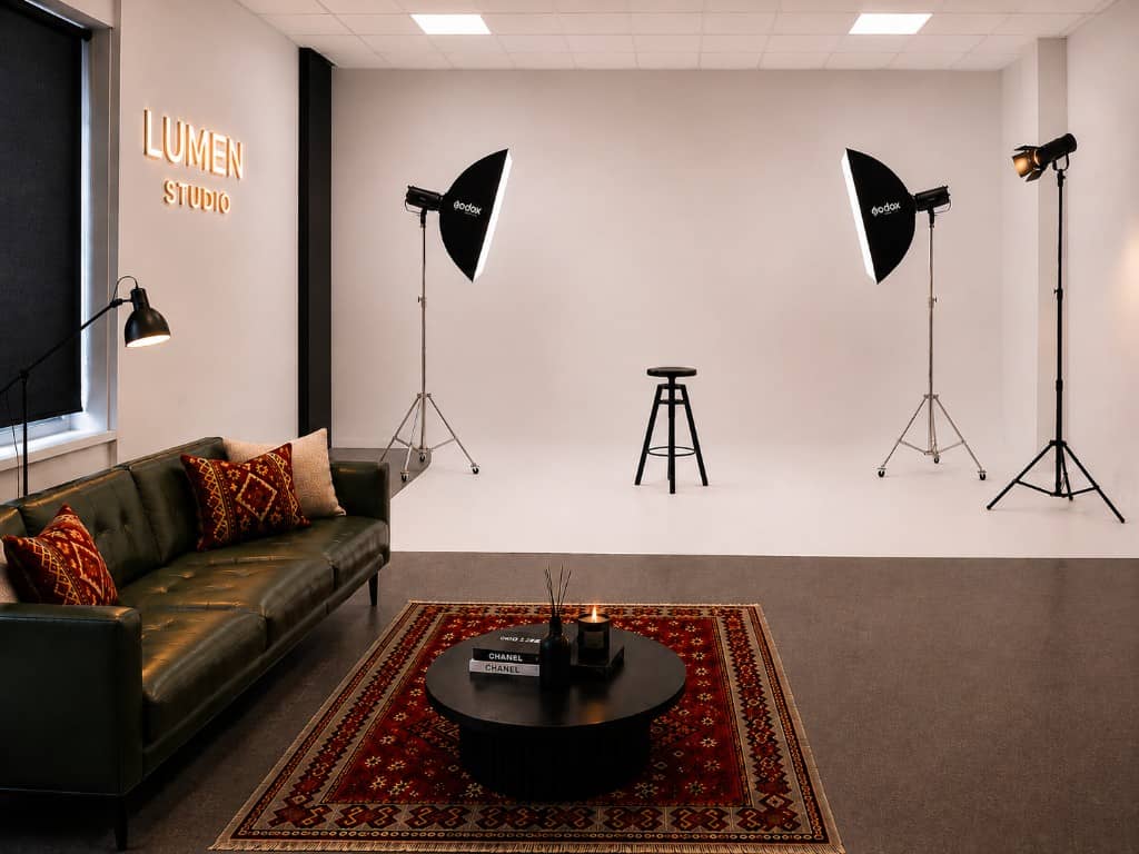 Studio lighting and backdrop ready for a creative session